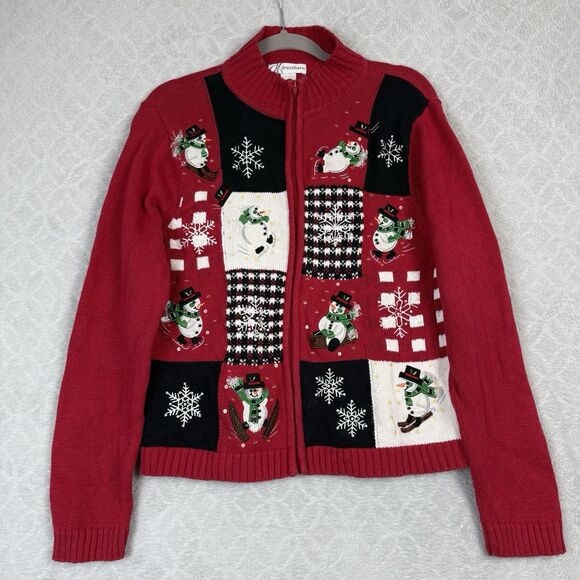 Vtg Holiday Sweater Womens L Red Full Zip Christmas Winter Snowman Grandma 90s - Picture 1 of 12